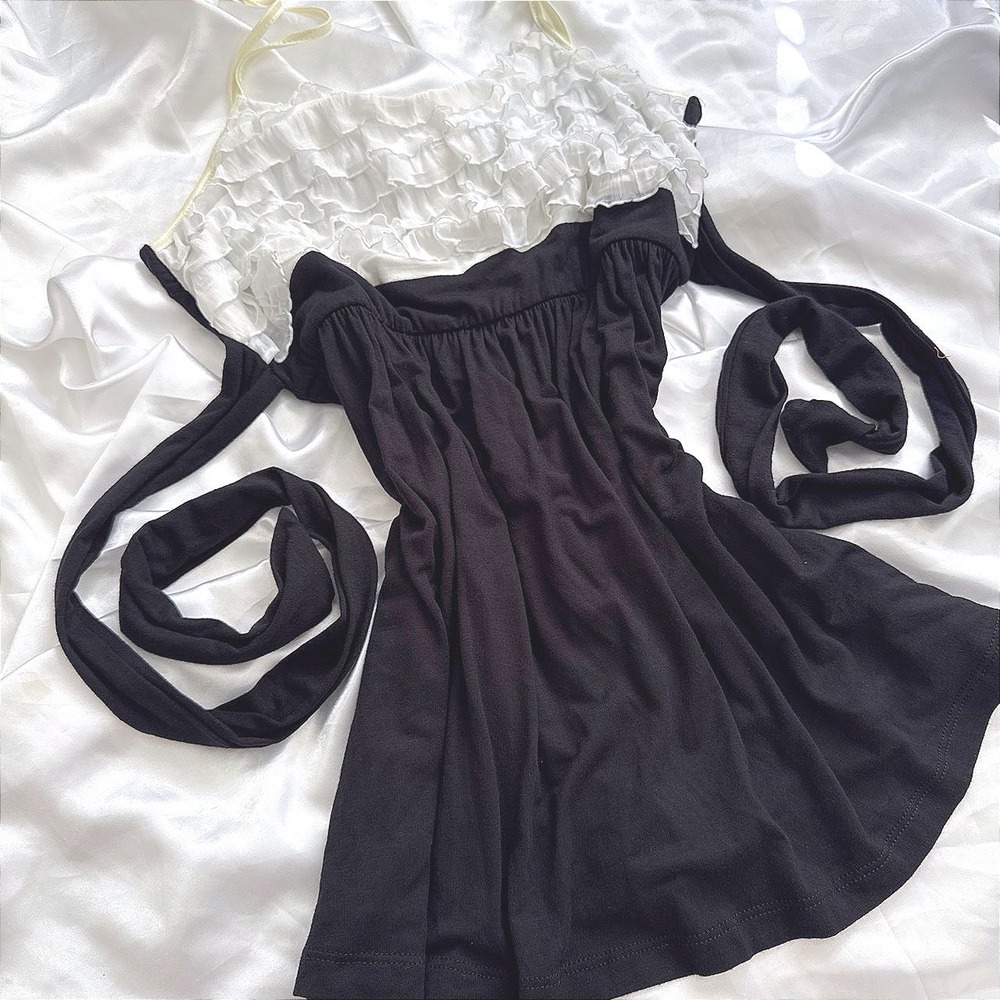 Body Central Ruffle Babydoll Camisole Top Black White Y2K Coquette Large